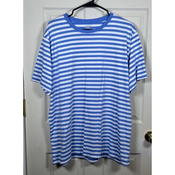 Mens XL Lands End Blue & White Striped Crewneck Short Sleeve T-Shirt 100% Cotton - Picture 1 of 9